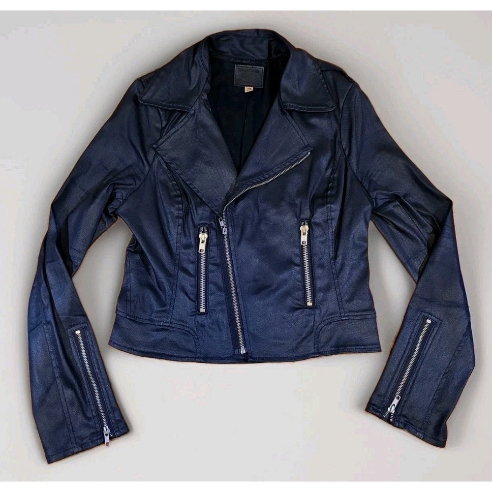 True Religion Women's Black Wax Coated Denim Moto Jacket Sz L Biker Grunge Punk - Picture 5 of 13